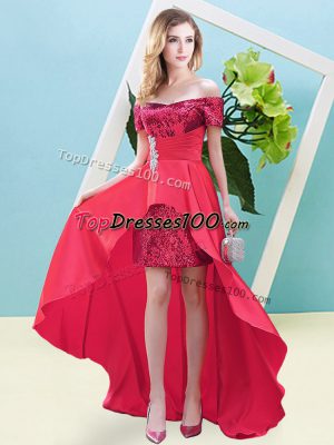 Off The Shoulder Long Sleeves Elastic Woven Satin and Sequined Homecoming Dress Beading Lace Up