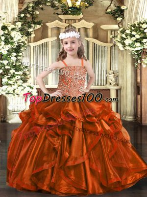 Modern Rust Red Sleeveless Beading and Embroidery and Ruffles Floor Length Party Dress for Girls
