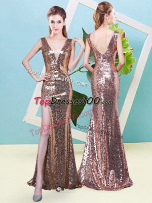 V-neck Sleeveless Prom Evening Gown Floor Length Sequins Gold Sequined