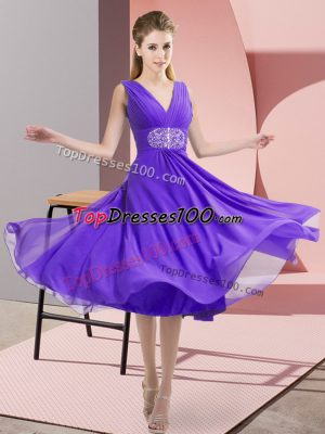 Knee Length Lavender Wedding Party Dress Chiffon Sleeveless Beading