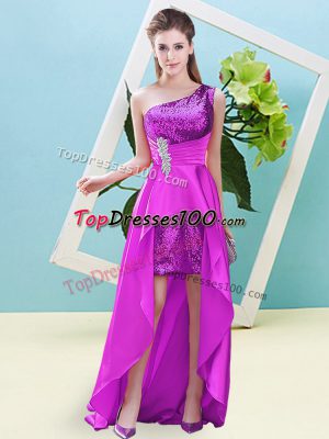 Exquisite Fuchsia A-line Beading and Sequins Evening Dress Lace Up Elastic Woven Satin and Sequined Sleeveless High Low