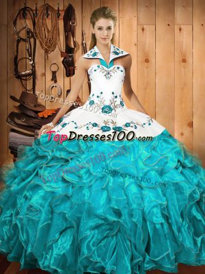 Best Selling Aqua Blue Ball Gowns Halter Top Sleeveless Satin and Organza Floor Length Lace Up Embroidery and Ruffles Quince Ball Gowns