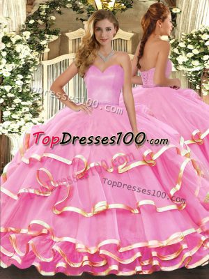 New Style Rose Pink Sweetheart Neckline Ruffled Layers Vestidos de Quinceanera Sleeveless Lace Up