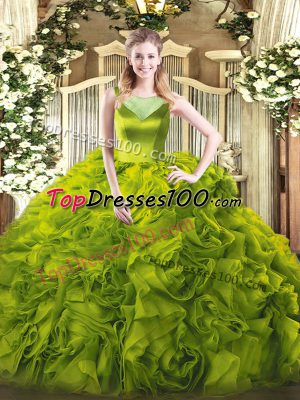 Luxurious Floor Length Olive Green Sweet 16 Dresses Fabric With Rolling Flowers Sleeveless Beading