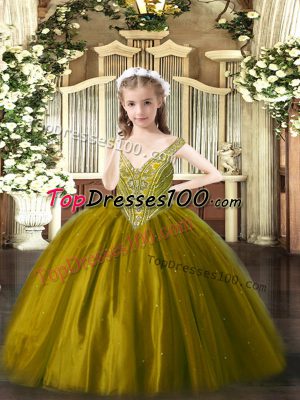 Brown Ball Gowns Tulle V-neck Sleeveless Beading Floor Length Lace Up Little Girl Pageant Gowns