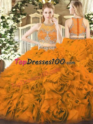 Hot Sale Scoop Sleeveless Vestidos de Quinceanera Floor Length Beading Orange Red Fabric With Rolling Flowers