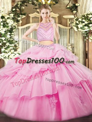 New Style Rose Pink High-neck Zipper Beading and Ruffles Quinceanera Gowns Sleeveless