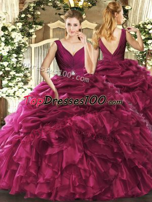Colorful V-neck Sleeveless Quinceanera Gown Floor Length Beading and Ruffles Burgundy Organza