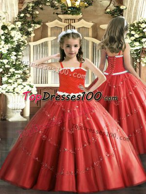 Floor Length Lace Up Little Girl Pageant Gowns Red for Party and Quinceanera with Appliques