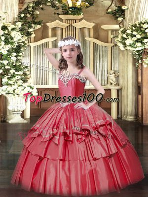 Sleeveless Floor Length Beading and Ruffled Layers Lace Up Little Girls Pageant Dress Wholesale with Coral Red