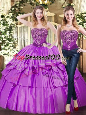 Strapless Sleeveless Lace Up Vestidos de Quinceanera Eggplant Purple Tulle