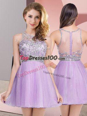 Lavender A-line Beading Prom Evening Gown Zipper Tulle Sleeveless Mini Length