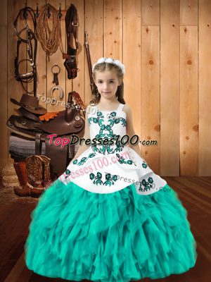 Pretty Embroidery and Ruffles Teens Party Dress Aqua Blue Lace Up Sleeveless Floor Length