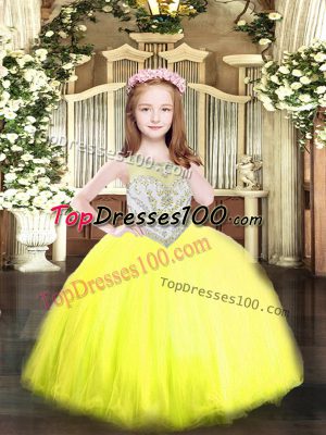 Custom Designed Yellow Tulle Zipper Scoop Sleeveless Floor Length Party Dress Beading