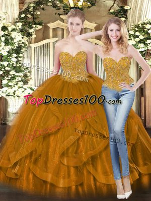 Brown Sleeveless Floor Length Beading and Ruffles Lace Up Sweet 16 Dresses