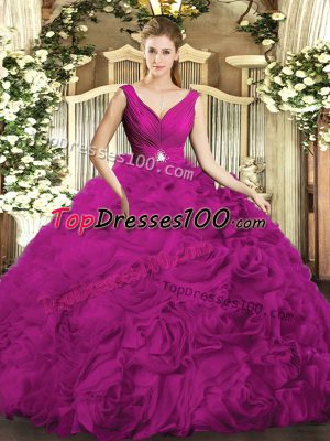 Fuchsia Ball Gowns V-neck Sleeveless Organza and Fabric With Rolling Flowers Floor Length Backless Beading and Ruching Vestidos de Quinceanera