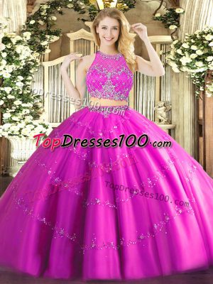 Fuchsia Quince Ball Gowns Military Ball and Sweet 16 and Quinceanera with Beading Scoop Sleeveless Zipper