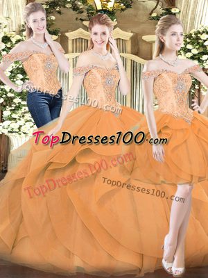 Orange Red Three Pieces Off The Shoulder Sleeveless Organza Floor Length Lace Up Ruffles Quinceanera Dress