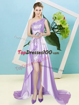 Perfect Lavender Elastic Woven Satin and Sequined Lace Up Homecoming Dress Sleeveless High Low Sequins