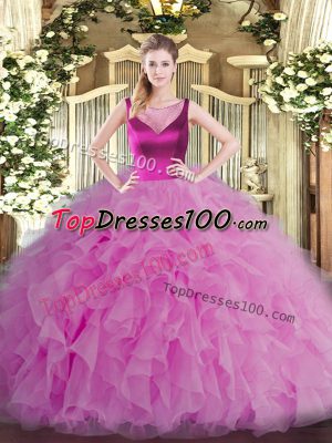 Vintage Beading and Ruffles Quinceanera Gowns Lilac Side Zipper Sleeveless Floor Length