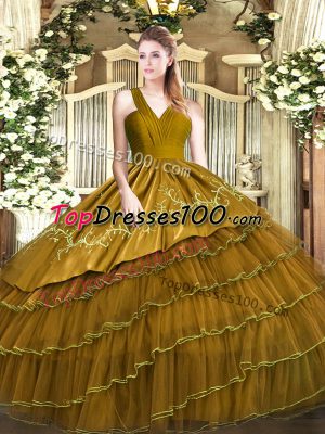 Sleeveless Floor Length Embroidery and Ruffled Layers Zipper Quinceanera Dress with Brown