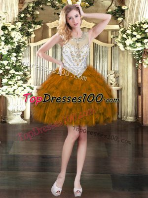 Brown Zipper Scoop Beading and Ruffles Dress for Prom Organza Sleeveless
