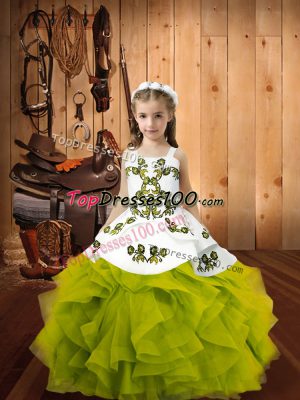 Simple Olive Green Straps Neckline Embroidery and Ruffles Pageant Gowns For Girls Sleeveless Lace Up