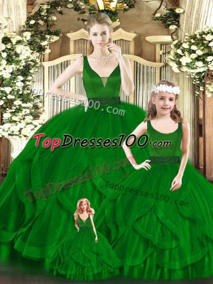 Low Price Ball Gowns Quinceanera Dresses Green V-neck Organza Sleeveless Floor Length Zipper