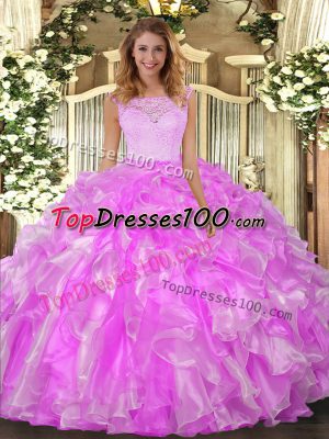 Fantastic Lilac Ball Gowns Scoop Sleeveless Organza Floor Length Clasp Handle Lace and Ruffles Quinceanera Gowns