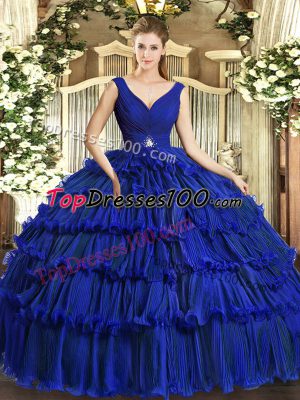 Best Selling Royal Blue Sleeveless Organza Backless Quince Ball Gowns for Sweet 16 and Quinceanera