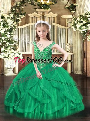 Turquoise Sleeveless Tulle Lace Up Little Girls Pageant Dress for Party and Quinceanera