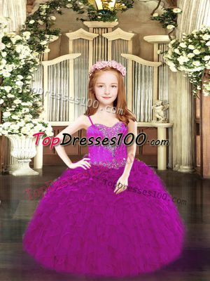 Low Price Fuchsia Organza Lace Up Spaghetti Straps Sleeveless Floor Length Little Girls Pageant Gowns Beading and Ruffles