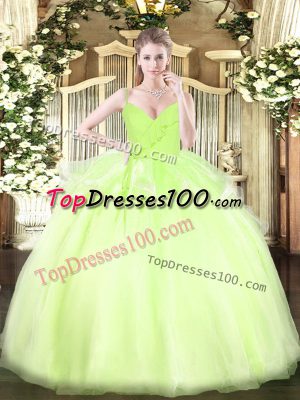 Stunning Yellow Green Ball Gowns Spaghetti Straps Sleeveless Organza Floor Length Zipper Ruffles Sweet 16 Dresses