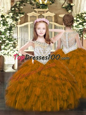 Scoop Sleeveless Little Girl Pageant Dress Floor Length Beading Brown Organza