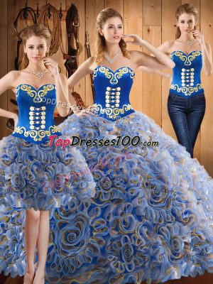 Sweep Train Three Pieces Sweet 16 Dress Multi-color Strapless Satin and Fabric With Rolling Flowers Sleeveless With Train Lace Up
