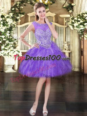 Tulle Scoop Sleeveless Lace Up Beading and Ruffles Prom Gown in Lavender