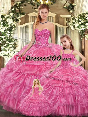 Organza Sweetheart Sleeveless Lace Up Beading and Ruffled Layers Quinceanera Gown in Rose Pink