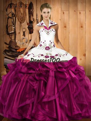 Embroidery and Ruffles Quinceanera Gowns Fuchsia Lace Up Sleeveless Floor Length