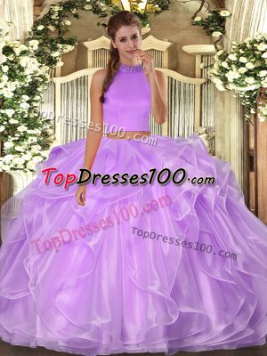 Best Selling Halter Top Sleeveless Backless Ball Gown Prom Dress Lilac Organza