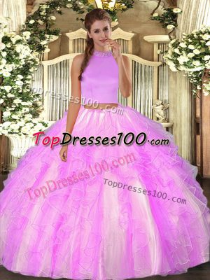 Luxurious Lilac Two Pieces Halter Top Sleeveless Organza Floor Length Backless Beading and Ruffles Quinceanera Gown