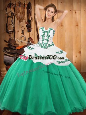 Sophisticated Satin and Organza Strapless Sleeveless Lace Up Embroidery Quinceanera Dress in Turquoise