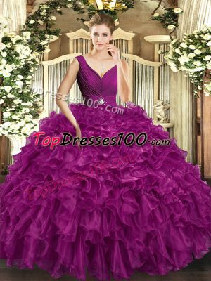 Colorful Fuchsia Backless Quince Ball Gowns Beading and Ruffles Sleeveless Floor Length