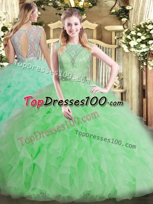 Captivating Apple Green Tulle Backless Quinceanera Gowns Sleeveless Floor Length Beading and Ruffles