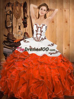 Luxurious Rust Red Sleeveless Floor Length Embroidery and Ruffles Lace Up Sweet 16 Quinceanera Dress