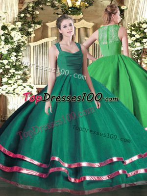 Dark Green Organza Zipper Straps Sleeveless Floor Length Sweet 16 Dress Ruffled Layers and Ruching