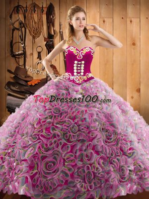 Glittering Sweep Train Ball Gowns Quinceanera Gown Multi-color Sweetheart Satin and Fabric With Rolling Flowers Sleeveless With Train Lace Up