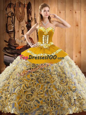 Sleeveless With Train Embroidery Lace Up Quince Ball Gowns with Multi-color Sweep Train