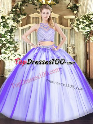Lavender Two Pieces Beading 15th Birthday Dress Zipper Tulle Sleeveless Floor Length