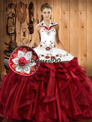 Nice Wine Red Lace Up Halter Top Embroidery and Ruffles Ball Gown Prom Dress Organza Sleeveless