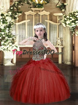 Latest Wine Red Halter Top Lace Up Beading and Ruffles Juniors Party Dress Sleeveless